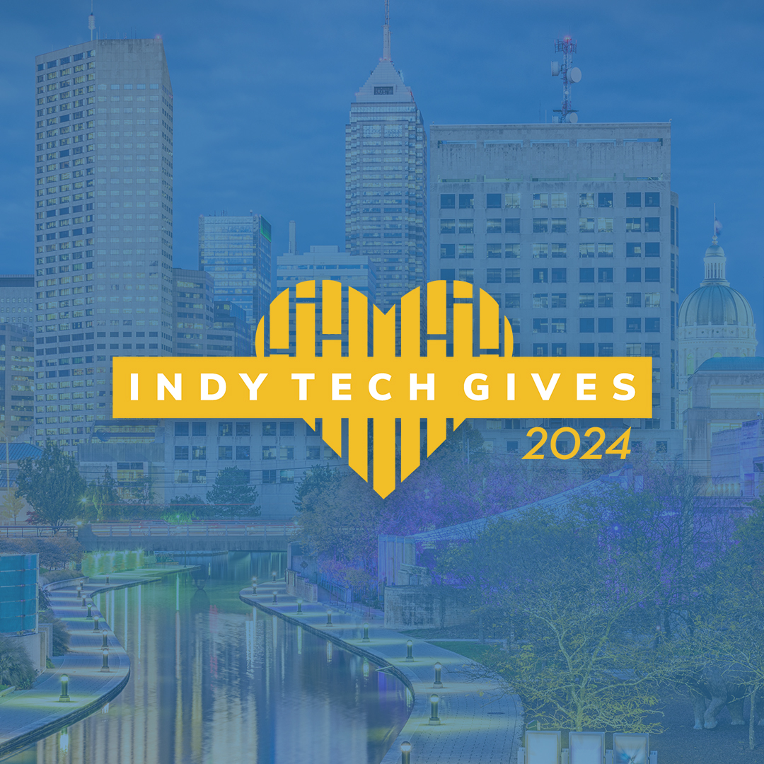 A stylized image showing the Indianapolis skyline behind a blue filter and a logo with a yellow heart that reads 'Indy Tech Gives 2024'