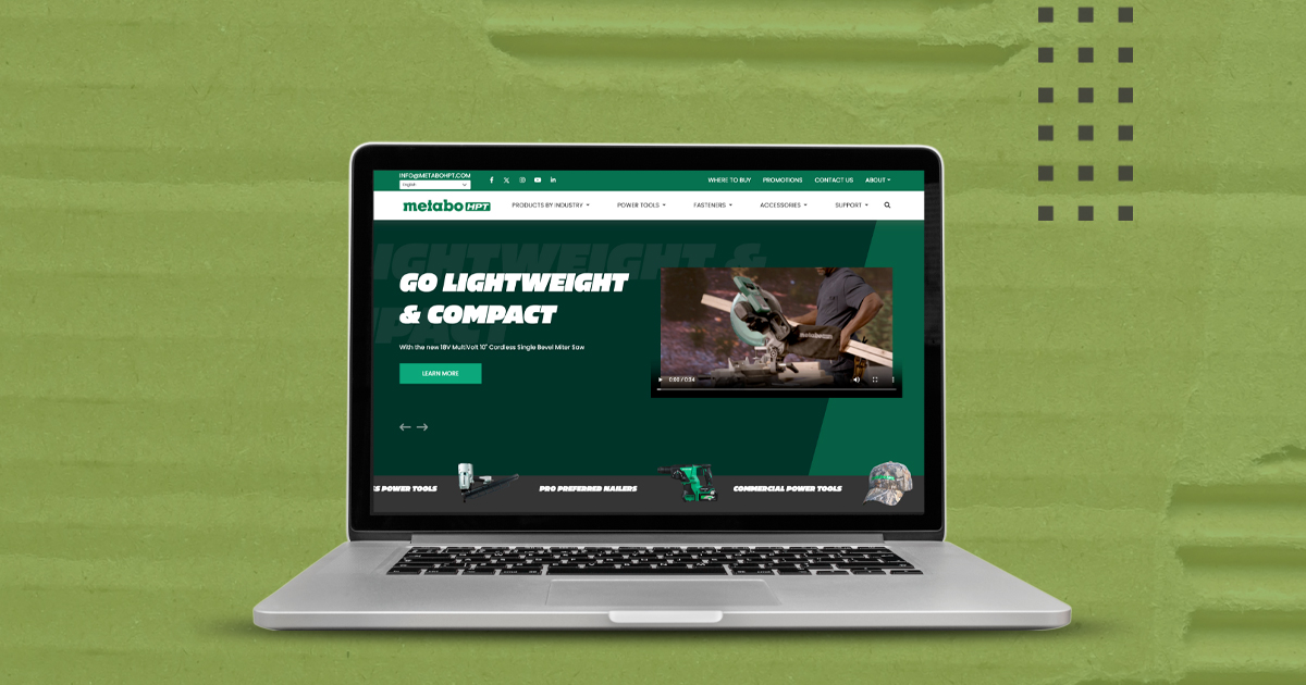 A stylized image of a laptop computer displaying the Metabo HPT home page.